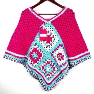 Handmade Crochet Granny Square Pink and 
Blue Poncho NWT